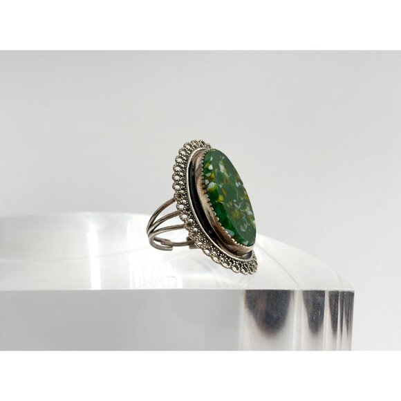 Beau Sterling Green Jasper Lace Framed 925 Sterling Silver Vintage Ring - sz 7 - Picture 4 of 15